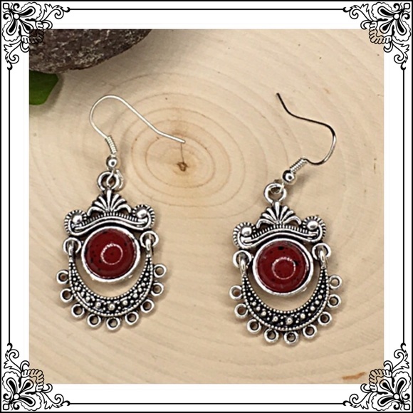 Jewelry - Faux Red Turquoise Tibetan Silver Earrings